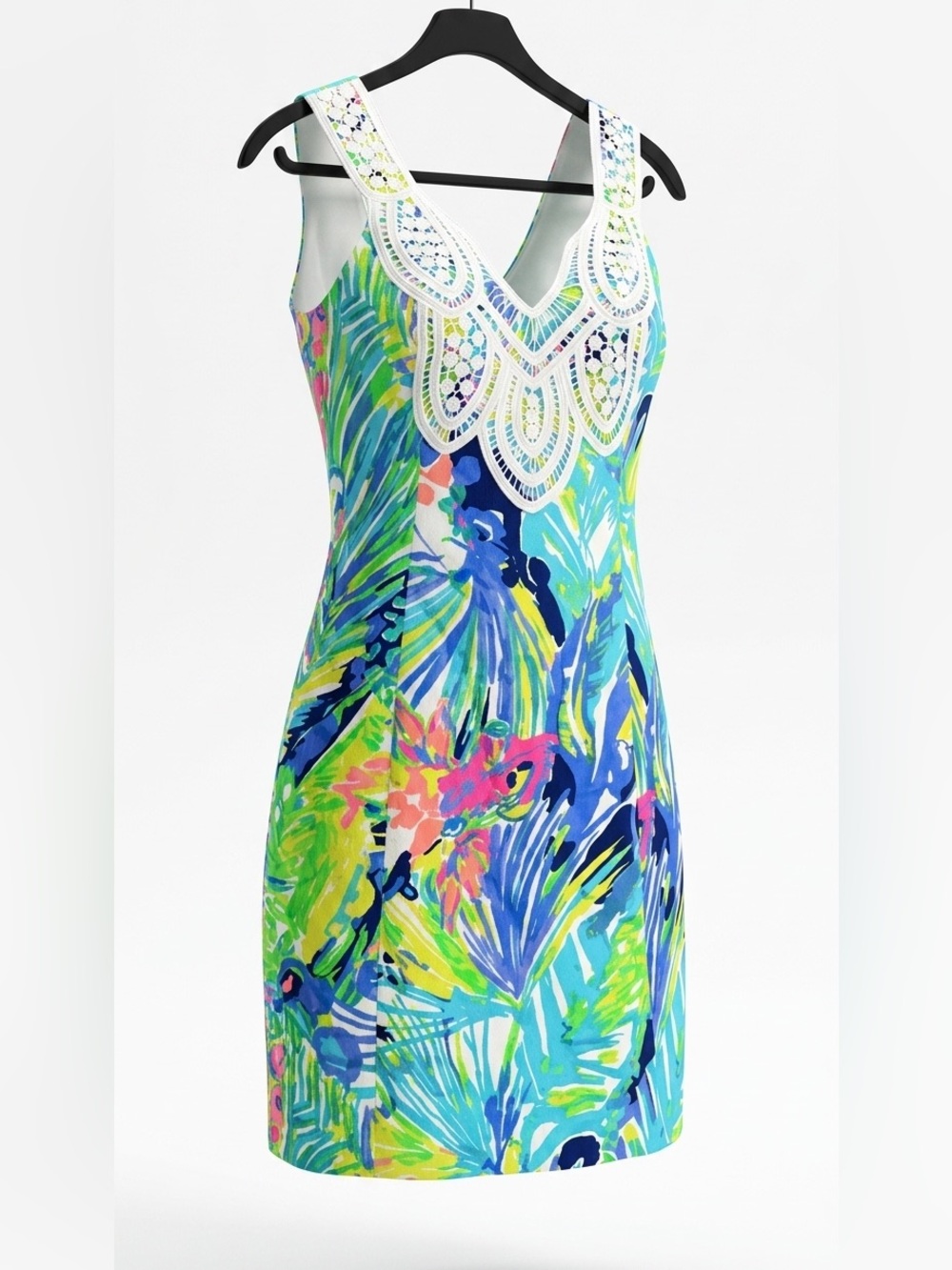 Lilly Pulitzer Shift Dress Multi Print White Lace Neckline Cotton Size 00